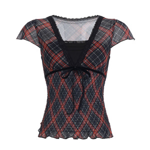 Women Plaid Print Mesh V Neck Short Sleeve Sheer Lightweight T Shirt Slim Fit Summer Y2K Casual Top - Product Image 6