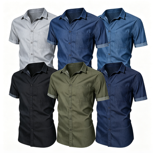 Chemises en chambray à manches courtes pour hommes, coupe ajustée, couleur unie, col à revers, boutonnées, style workwear, avec poche poitrine, vente en gros sur mesure - Product Image 1