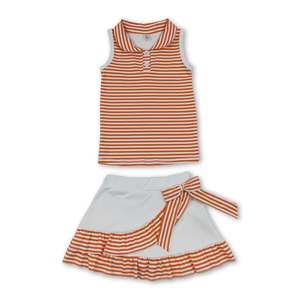 Conjunto de Falda con Volantes Blancos y Top Polo sin Mangas con Estampado de Rayas y Cuello Redondo para Niñas, Estilo Casual, Atuendo de Verano para Niños - Product Image 4