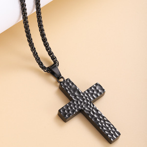 Men's stainless steel cross hammered pendant colorfast titanium steel irregular texture necklace cross pendant necklace - Product Image 3