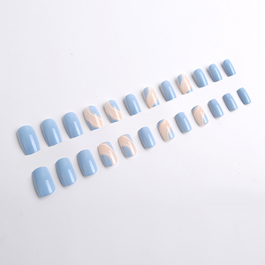 <span class=keywords><strong>Faux</strong></span> ongles autocollants effet tourbillon <span class=keywords><strong>bleu</strong></span> ciel 24 pièces, kit d'ongles à presser tendance avec accents nude pour filles - Product Image 1