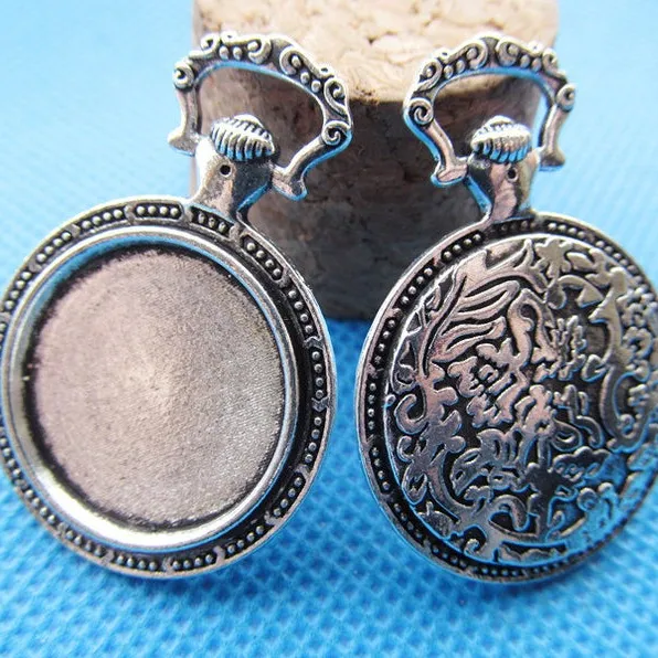 Antique Silverトーン/Antique Bronze Vintage Pocket Watch Base Setting Pendant Charm/Finding、20ミリメートルCabochon/Cameo Tray Bezel