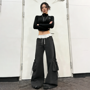 Women French High Street Woven Loose Lace Patchwork <b>Cargo</b> Pants <b>Low</b> <b>Rise</b> Drawstring Waist Pockets Slight Flare Casual - Product Image 2