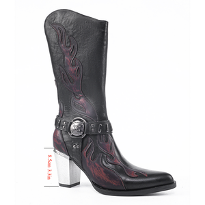 Bottes en cuir personnalisées pour femme, style western cowboy, à talon épais, punk, noires, avec fermeture éclair latérale, mi-mollet, pour couple - Product Image 4