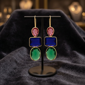 Boucles d'oreilles clous en laiton faites à la main avec pierres précieuses, plaquées rhodium, style bohème ethnique - Product Image 2