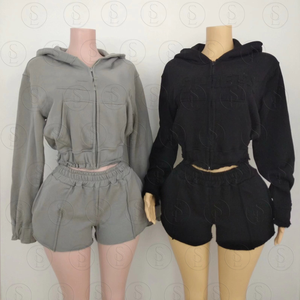 Set Personalizzato da <span class=keywords><strong>Donna</strong></span> con Minigonna e Pantaloncini <span class=keywords><strong>Sexy</strong></span> con Tasche, Felpa Corta con Cappuccio e Gonna Effetto Lavaggio Acido, <span class=keywords><strong>Abbigliamento</strong></span> Femminile Set 2 Pezzi - Product Image 2
