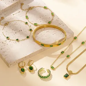 Women Jewelry Vintage Emerald Necklace Earrings Ring Bracelets Bangles Fashion Stainless Steel 18K Gold Plated Jewellery Set