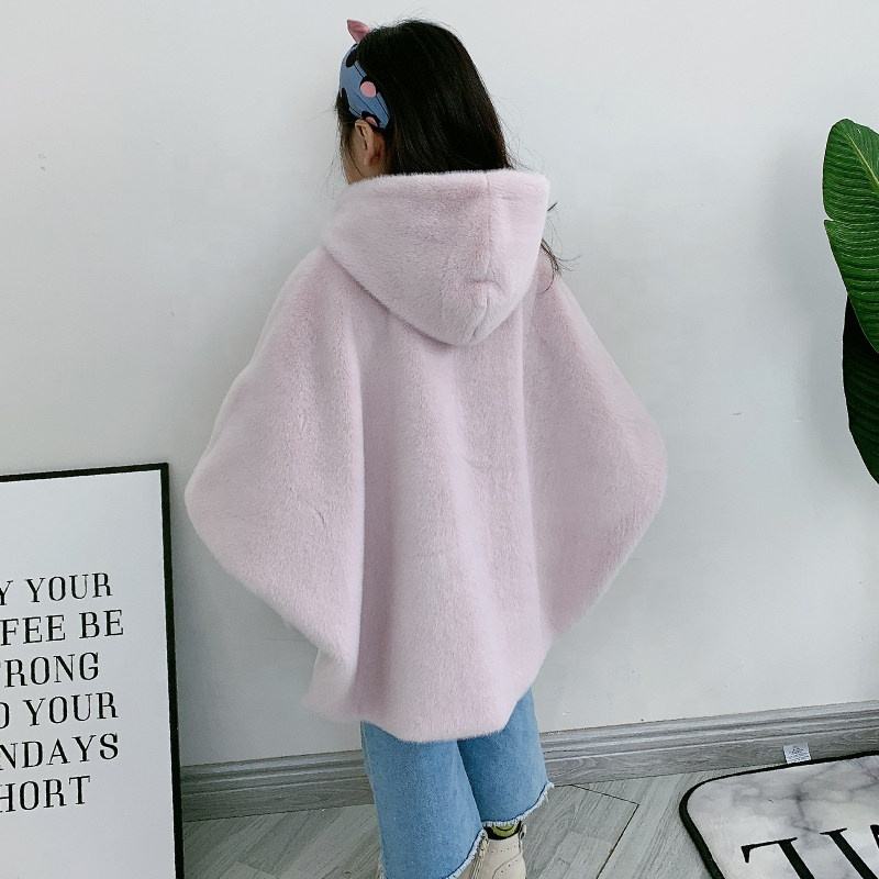 Girls Hooded Winter Faux Fur Cloak Coat Cute Pink Kids Outerwear
