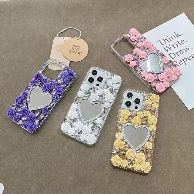 Diamond Bling Flower Luxury Heart Makeup Mirror Glitter Rhinestones Girls Acrylic Phone Case for iPhone 15 Pro Max 16 13 14 17