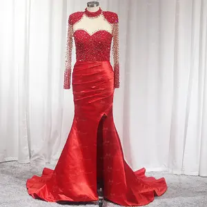 LZF172 shimshikırmızı ağır boncuk balo elbise yüksek boyun uzun kollu saten Mermaid abiye plise seksi bölünmüş elbise