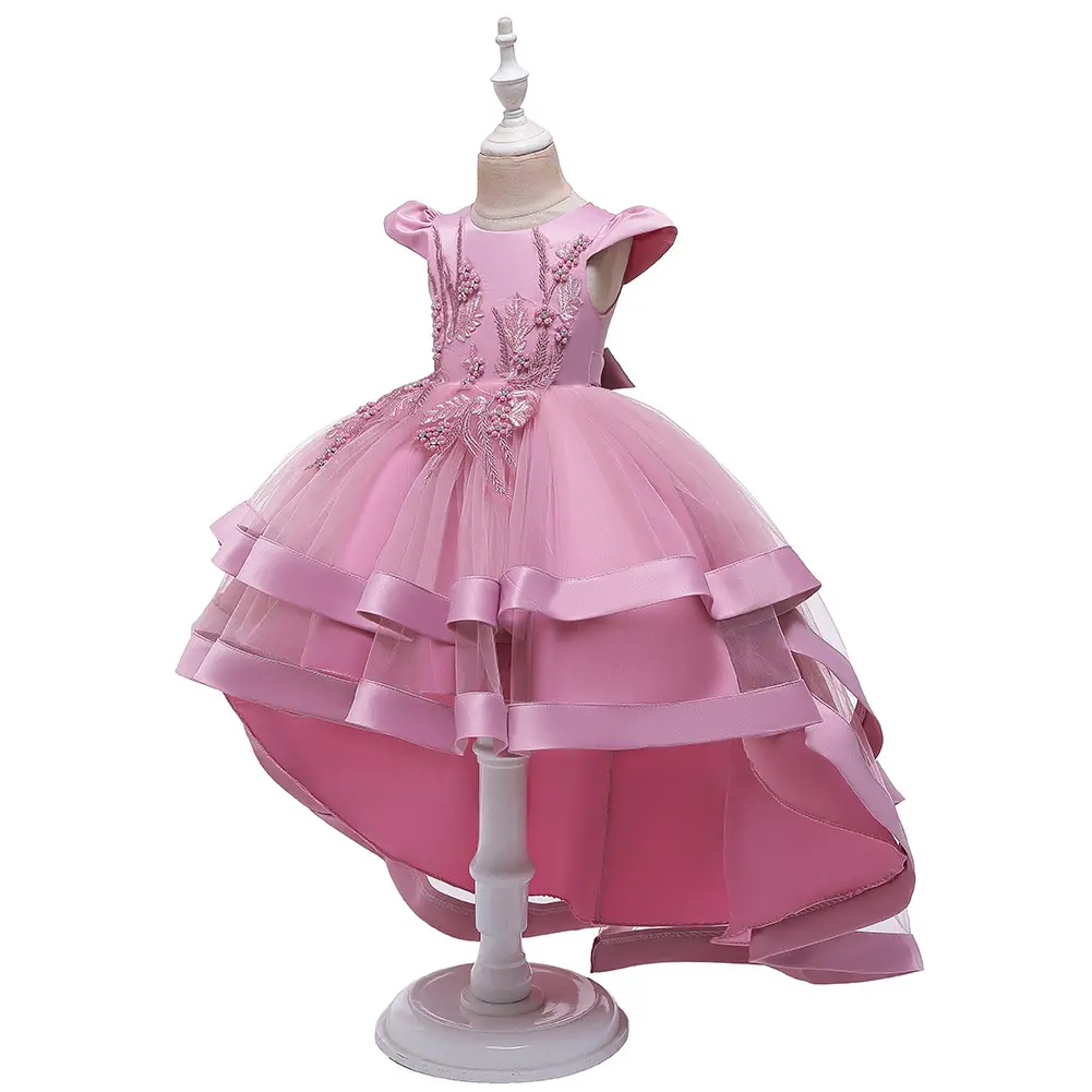Robe de mariée à longue queue de haute qualité pour fille, robe de soirée rose à fleurs pour anniversaire d'enfant de 8 ans