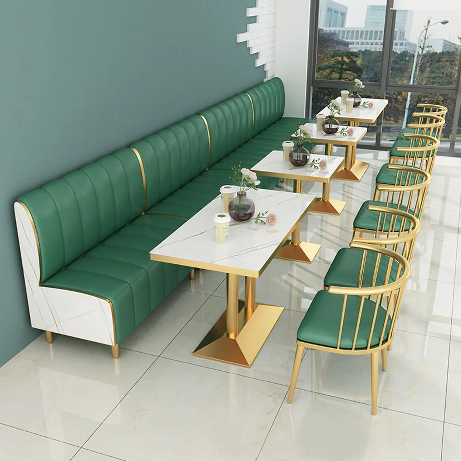 현대 커피 룸 채널 테이블 세트가있는 가죽 부스 소파 테이블 세트가있는 패스트 푸드 골든 컬러 금속 의자