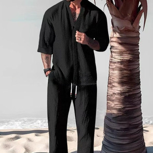 Men's Crinkled Mid-Sleeve Two-Piece Set - Summer Oversized Loose Fit Casual Outfit &amp; Breathable T-Shirt <strong>Combo</strong> - Product Image 4