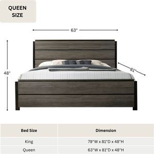 Wood Grain <b>Double</b> <b>Bed</b> Dark Gray Platform <b>Bed</b> Frame With Raised Headboard For Adults And Elderly - Product Image 4