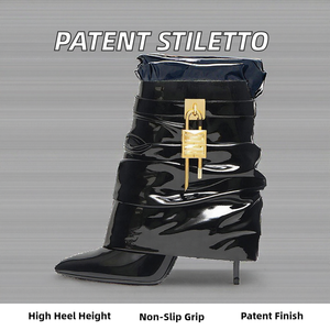 Women's Patent Stiletto Ankle <b>Boots</b> Pointed Toe <b>Slip</b>-<b>On</b> High Thin Heels Fold Short Booties Shark Lock Pleated Upper Shoes - Product Image 2