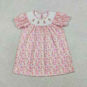 GSD3406 rts Little girl Boutique pink flowers <b>easter</b> bunny smock dress kid wholesale baby girl ruffle sleeve child set - Product Image 1
