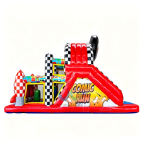 Château Gonflable Thème Bande Dessinée Rouge et Noir à Carreaux avec Toboggan et Parcours d'Obstacles pour Enfants, Idéal pour Événements Extérieurs et Fêtes de Carnaval