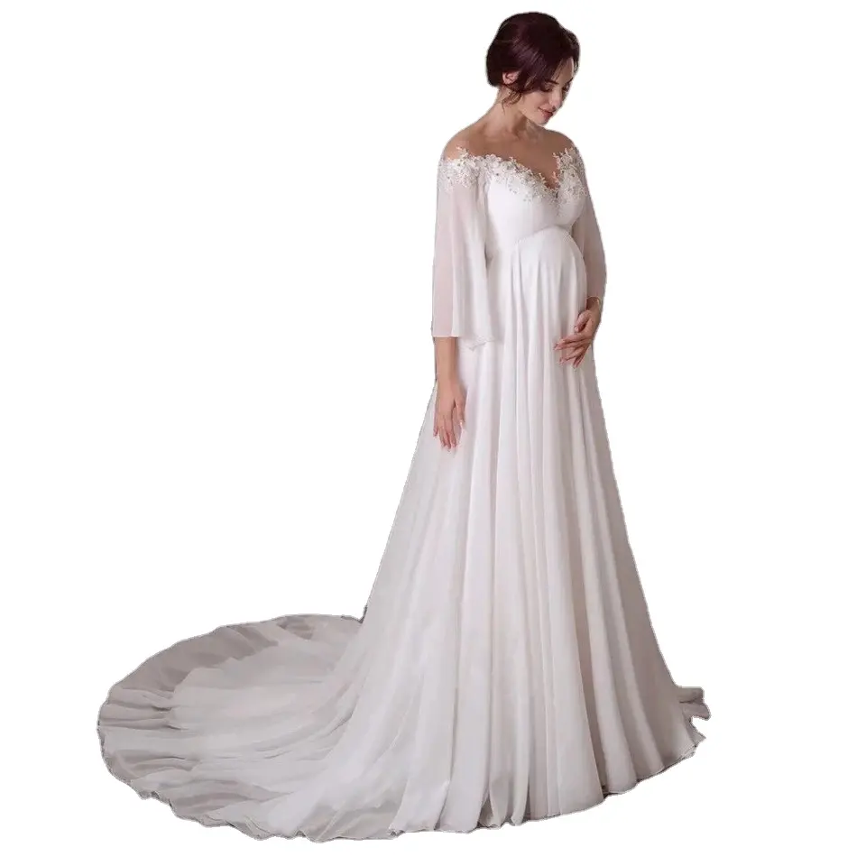 Maternity Chiffon Wedding Dresses 2022 Long Sleeves Bohemian Pregnant Bridal Gowns Sweep Train Elegant Simple Robe De Mariage