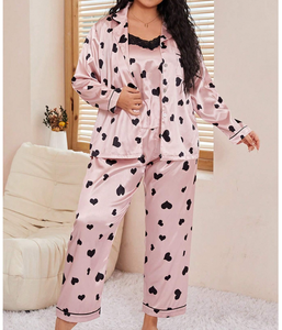 Contrast Lace Button <strong>Pj</strong> <strong>Set</strong> Plus Size Women's Sleepwear Satin Pajamas <strong>Sets</strong> Print 3 PCS Robe <strong>Sexy</strong> <strong>Set</strong> - Product Image 5