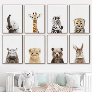 Pintura en lienzo de pared de animales para habitación de bebé, elefante, jirafa, oso, impresiones artísticas para pared, póster de arte nórdico para decoración de habitación de niños y guardería