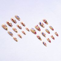 Lot de 24 faux ongles nude à motifs floraux pour le Nouvel An, forme amande ou cercueil, en ABS, pré-dessinés, couvrance totale, longueur moyenne, pour DIY et salon