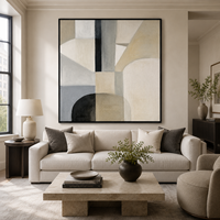 Peinture à l'huile abstraite géométrique neutre vintage, beige et noir, minimaliste, sur toile, pour la décoration de hôtel, villa, hall d'entrée, bureau