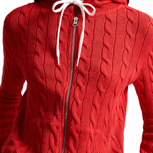 Wholesale Custom 100% Cotton Cable Knit <strong>Women</strong> Hooded Sweater Zip up 7GG Chunky <strong>Red</strong> Preppy Varsity Zip Knitwear <strong>Cardigan</strong> - Product Image 2