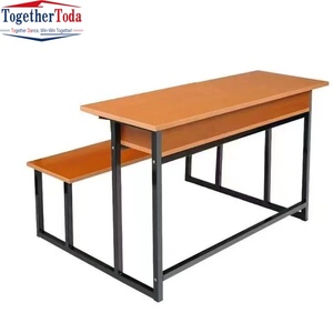 Table d'étude moderne, bureau double pour l'école, ensemble chaise et bureau en bois et métal pour étudiants en classe - Product Image 1