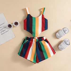 Moda estiva set di <span class=keywords><strong>abbigliamento</strong></span> per bambini cinturino stampato a strisce <span class=keywords><strong>arcobaleno</strong></span> gilet senza maniche top vita alta abiti corti per bambina - Product Image 1