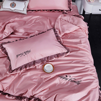 Nouvelle collection Printemps 2025 : Parure de lit 4 pièces en soie lavée, rose uni, avec housse de couette et couvre-lit à motifs floraux et dessins animés