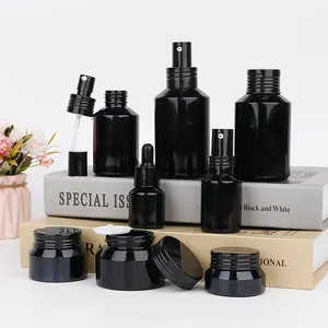 Black Glass Cosmetic Bottles Set 30g 50g Cosmetic Cream Jar Press Pump Skincare Bottle Serum Glass Dropper Bottle