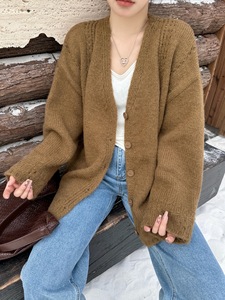 Cárdigan de <span class=keywords><strong>Punto</strong></span> <span class=keywords><strong>Calado</strong></span> para <span class=keywords><strong>Mujer</strong></span>, Corte Recto Holgado con Cuello en V Profundo, Ajuste Holgado, Detalle de Botones, Antiarrugas, Transpirable, Ropa Casual - Product Image 2