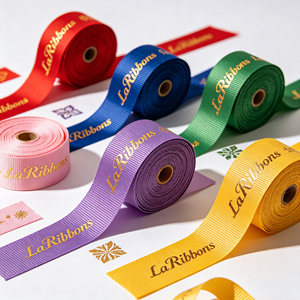Custom Silver Foil Logo Printing Multi Pattern Polyester Grosgrain <b>Ribbon</b> Stripe Dot Floral Plaid For Apparel & Gift Packaging - Product Image 5