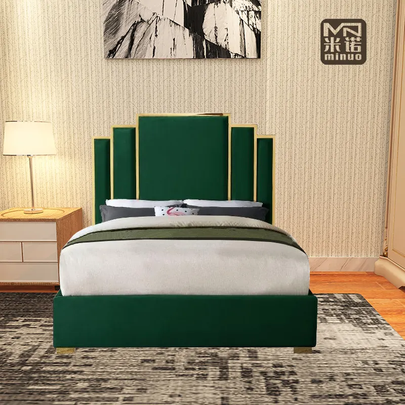 Cama acolchoada para hotel, cama de aço inoxidável com esmeralda verde e veludo
