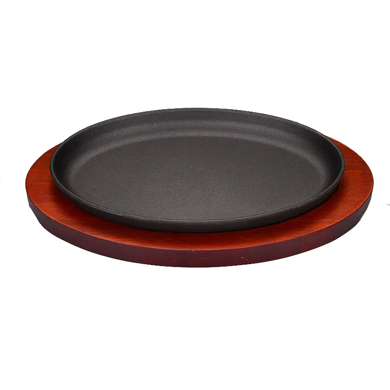 Conjunto de frigideira de ferro fundido pré-temperada fajita, frigideira oval para grelhar bife com base de madeira vermelha