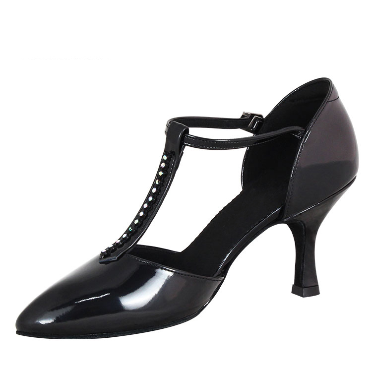 Girl closed toe black PU or leather latin dance shoes zapatos de tango with glitter diamonds