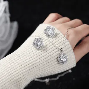 Lunxry Customize Fine Jewelry Sets Women's 925 Sterling Silver Round Shiny Full Zircon Bridal Flower Jewelry Sets