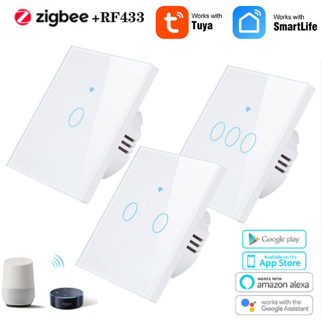 WIFI ZIGBEE Tempered Glass Smart Home Touch Light Switch 1/2/3/4 Gang Tuya App Remote Control Wall Switch With Google Alexa