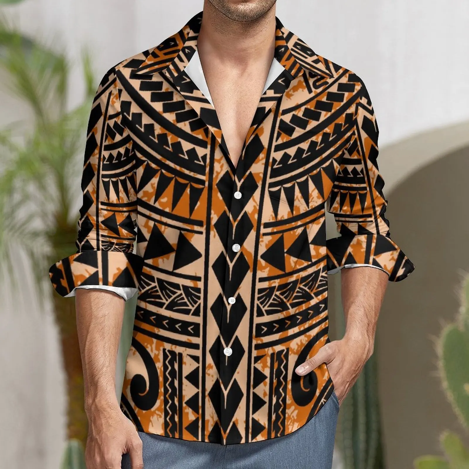 cheap polynesian big size men shirt retro tatau tribal design samoan shirts casual long sleeve tops island formal shirts for men