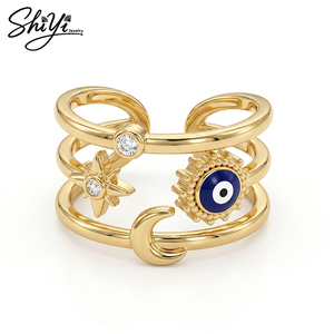 Anillo Bohemio Ojo Turco Luna Estrella Chapado en Oro 14K con Zirconia, Anillo de Moda Ajustable de Banda Abierta, Joyería para Mujer - Product Image 2
