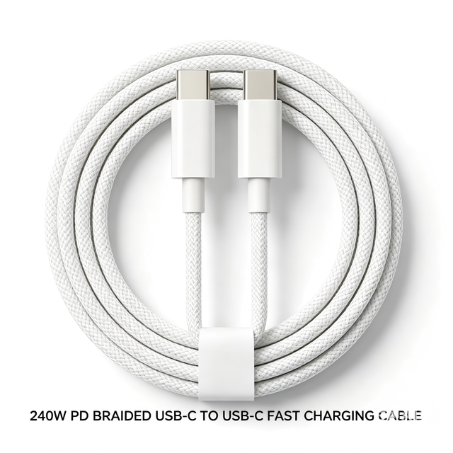 Braided USB-C to USB-C 240W PD Charger Cable, Heavy-Duty White Type C Fast Charging Wire for MacBook Air, iPhone 15 Plus