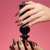 Ongles Press-On Métalliques Rouge Cristal de Luxe, Strass 3D, Longs, Style Gothique, pour Mariage et Fêtes, Vente en Gros, Emballage Personnalisable
