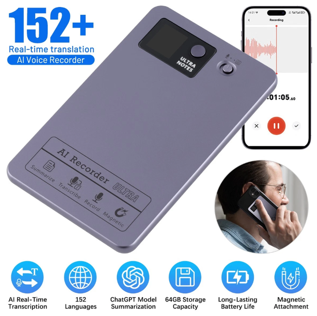 64GB AI Smart Recorder with Magnetic Card Recording 152 languages Transcription