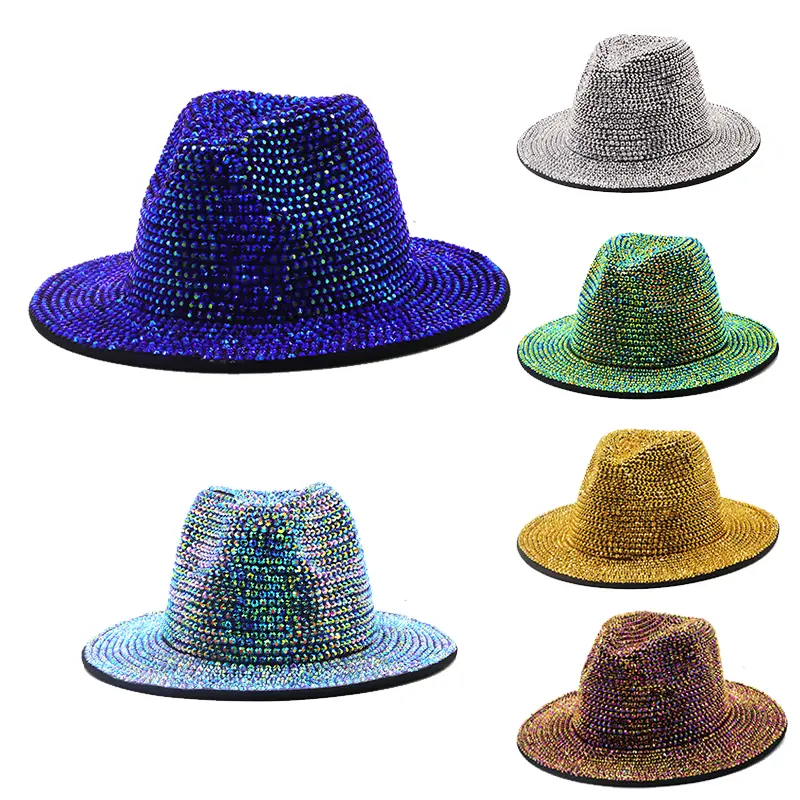 Wholesale Top Punk Style Hand Made Rhinestone Bling Shiny Full Diamond Jazz Party Men Wide Brim Felt Panama Fedora Hat For Women