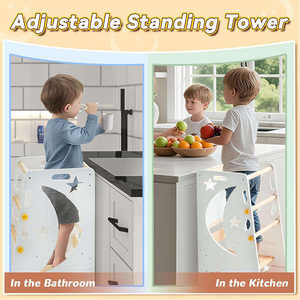 Tour d'apprentissage moderne en bois écologique pour enfants, idéale pour appartement, hauteur réglable, pliable, aide de cuisine avec motif lune - Product Image 4