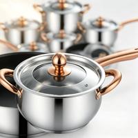 Juego de 12 piezas de lujo de utensilios de cocina de acero inoxidable con mango color oro rosa, que incluye olla, cacerola, sartén y tapas de vidrio, apto para inducción.