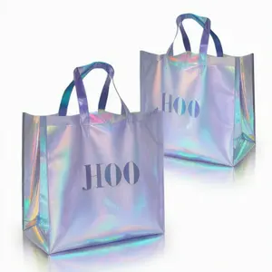 Sacola de compras não tecido laminado reciclado metálico holográfico com logotipo personalizado sacola de presente iridescente fashion reutilizável feita