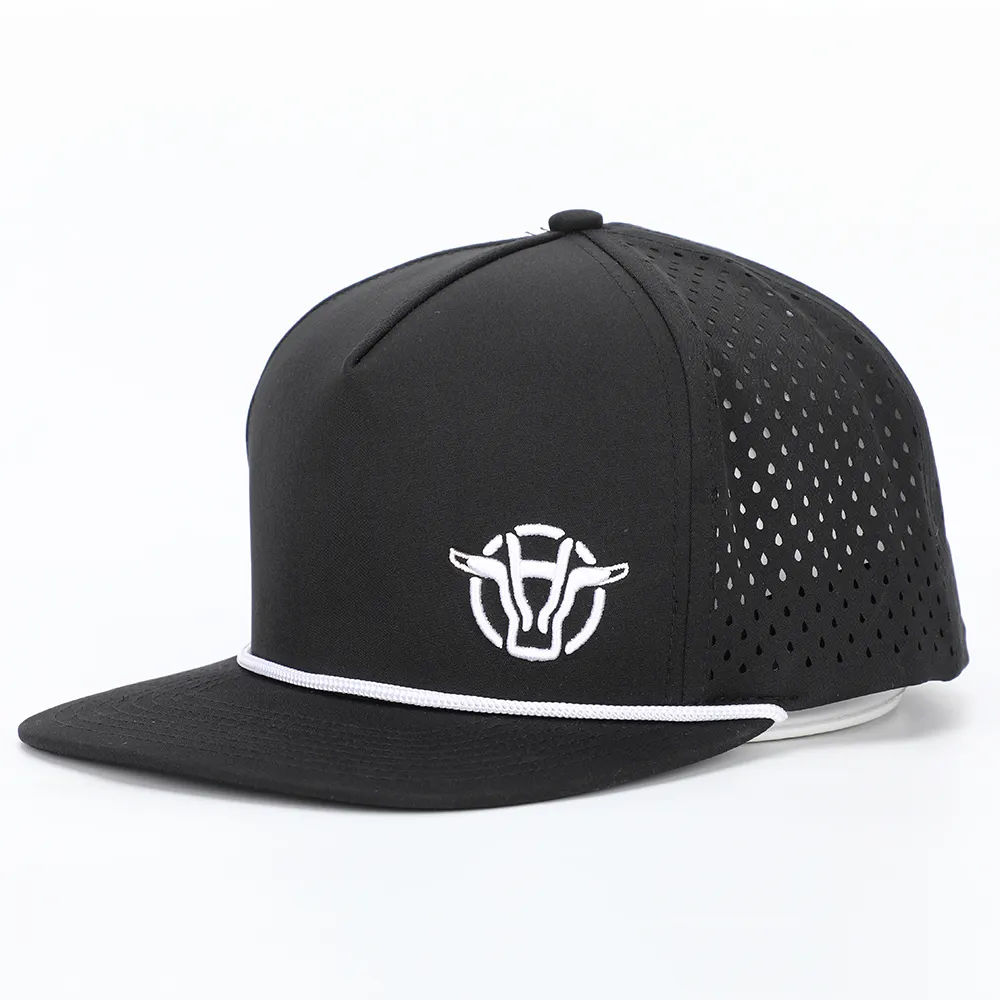 OEM Custom 5 Panel Luxury Quick Dry Black Polyester 3D Embroidery Laser Cut Drilled Hole Waterproof Snapback Cap Rope Hat