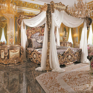 Madeira rococó francesa de luxo Esculpida Marqueteria Canopy <span class=keywords><strong>Bed</strong></span> Royal Four Poster Cama King Size Fantasia Mobília do quarto europeu - Product Image 1