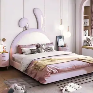 โนวาเฟอร์นิเจอร์ห้องนอนเด็กสีชมพูโครงเตียงไม้รูปกระต่ายสำหรับห้องนอนของเด็กผู้หญิงเตียงหุ้มเบาะ